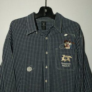 VTG 1997 Looney Tunes The Taz Mens Button Front Shirt XL Blue Golf Long Sleeve